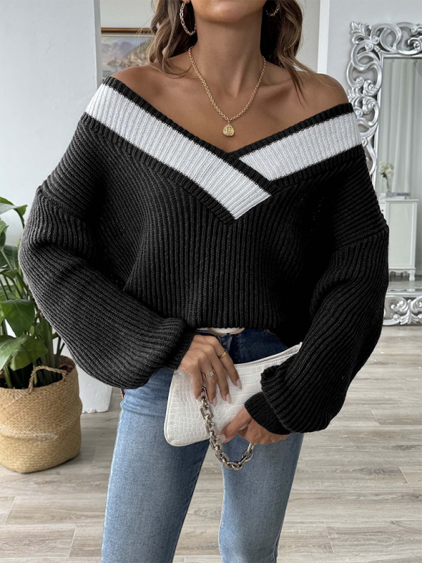 Sweaters- Oversized Wide V-Neck Sweater - Autumn Jumper Layering- - IndioGear.com