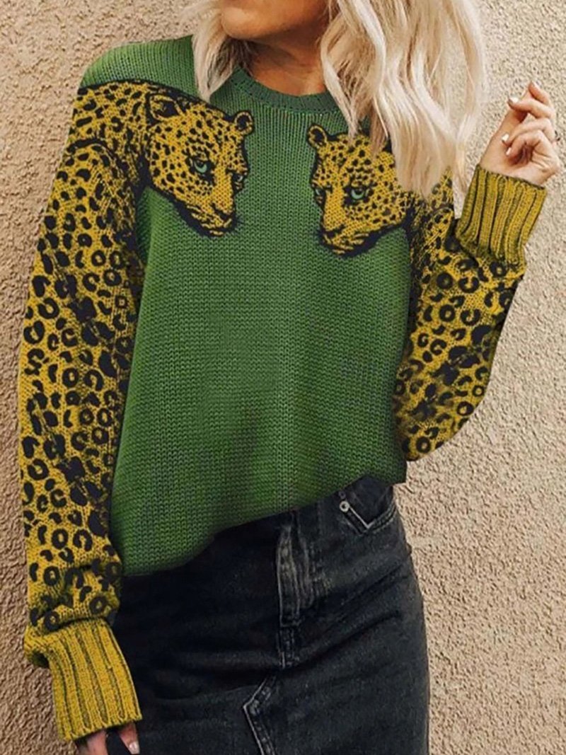 Two Leopards Round Neck Long Sleeve Sweater Shopvhs.com