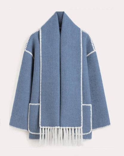 womens thickened loose woolen coat with fringed scarf