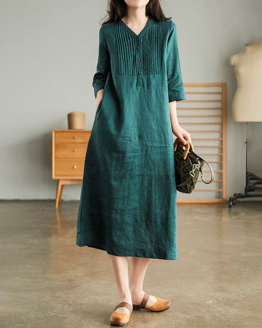 Loose Stitching Solid Color V Neck Half Sleeved Mid Length Dress