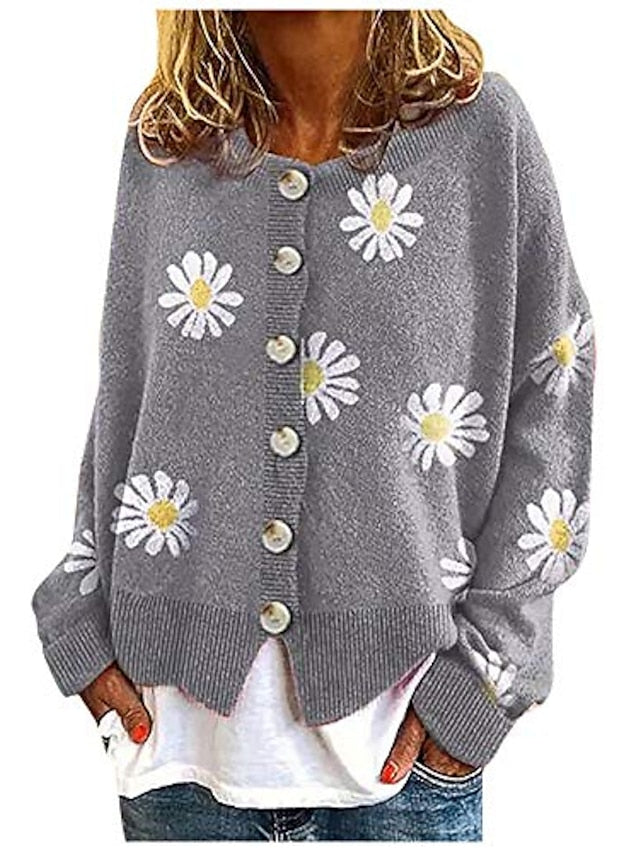 Women's Cardigan Knitted Button Print Floral Daisy Stylish Basic Casual Long Sleeve Regular Fit Sweater Cardigans Open Front Fall Winter Spring Blue Black Gray / Going out - LuckyFash™