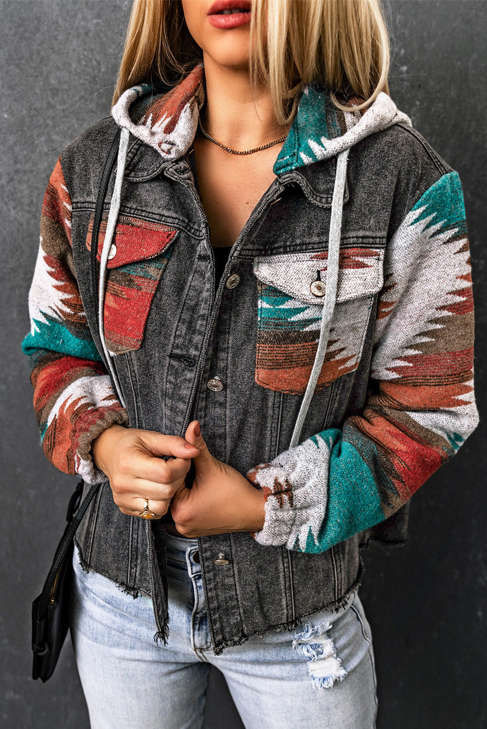 Aztec Print Frayed Hem Denim Jacket - jackets - Sunny Angela