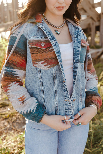 Aztec Print Frayed Hem Denim Jacket - jackets - Sunny Angela