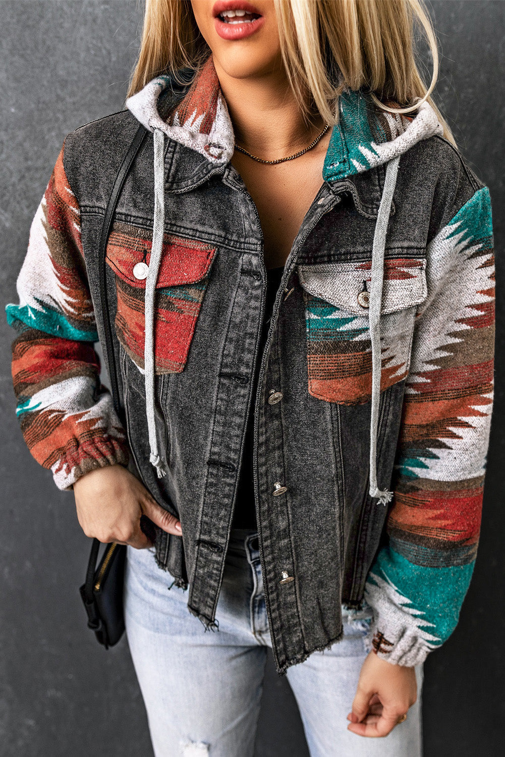 Aztec Print Frayed Hem Denim Jacket - jackets - Sunny Angela