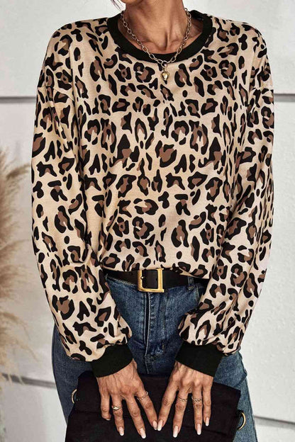 Leopard Print Round Neck Dropped Shoulder Sweatshirt (2 Colors) Shirts & Tops Krazy Heart Designs Boutique   