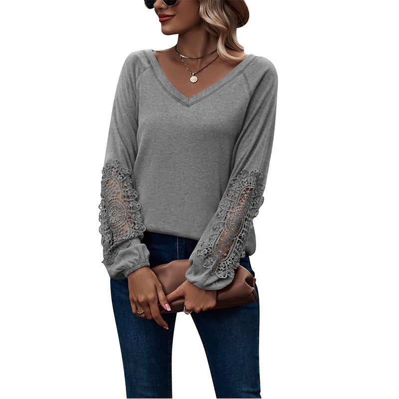 Women’s V-Neck Long Sleeve Top with Lace Detail in 5 Colors Sizes 4-20 - Wazzi's Wear