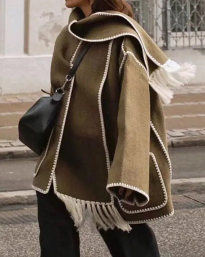 womens thickened loose woolen coat with fringed scarf