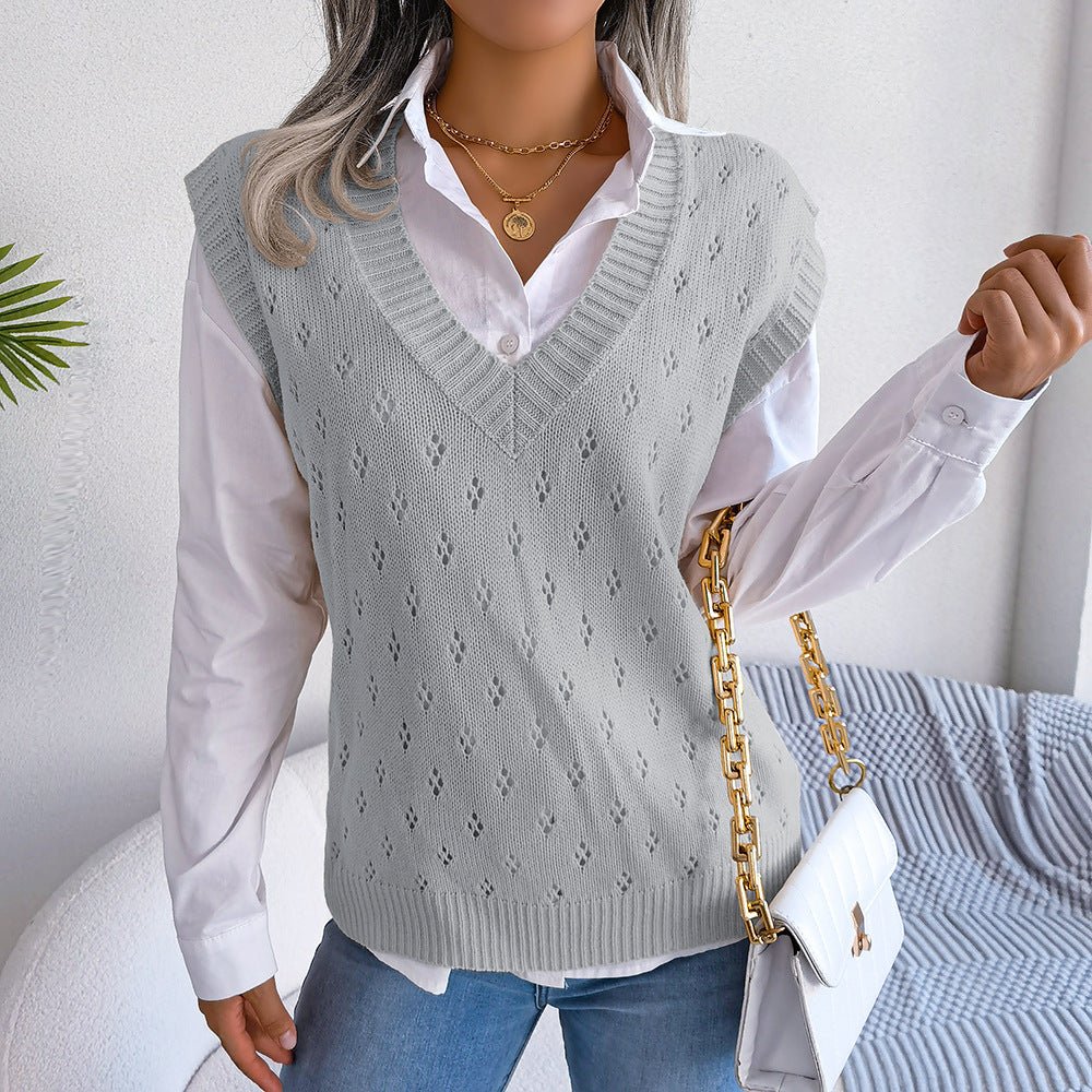 Casual Hollow Out V-Neck Knitted Vest Sweater for Women  S Apricot 