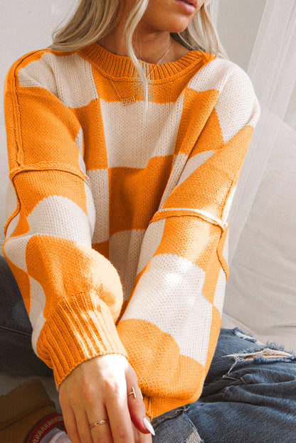 Checkered Bishop Sleeve Sweater - Sweaters & Cardigans - Sunny Angela