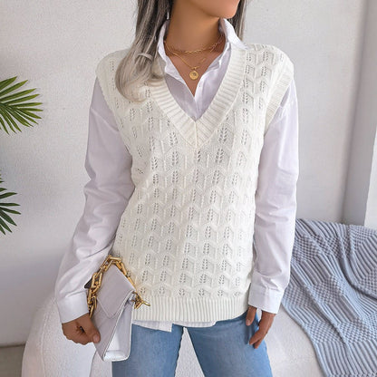 Chic Hollow Out V-Neck Knitted Vest Sweater for Autumn/Winter  S Pink 