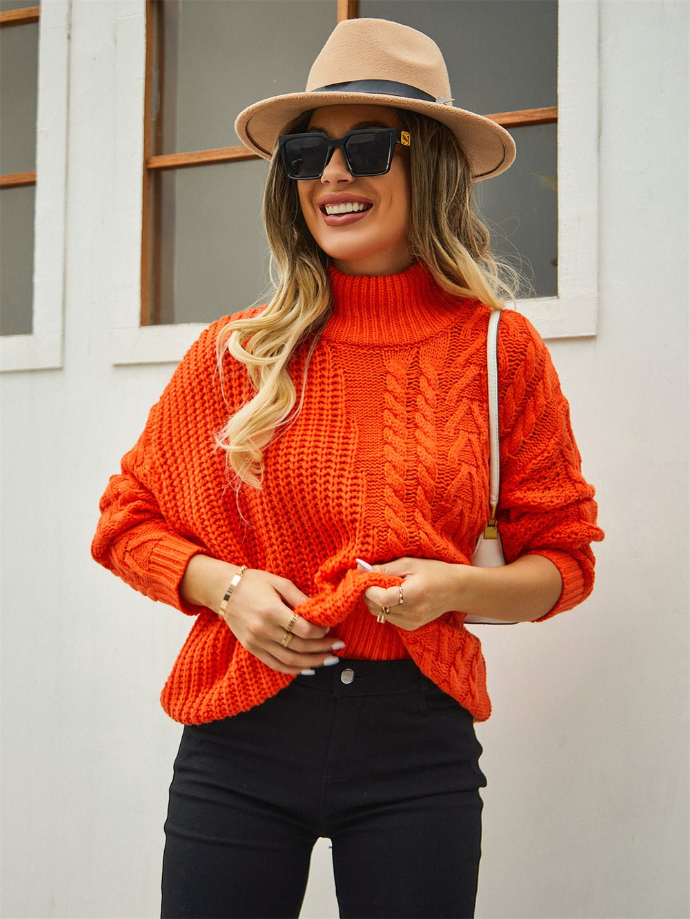 Comfortable and Stylish Mock Neck Cable Knit Sweater for Women  S Orange 