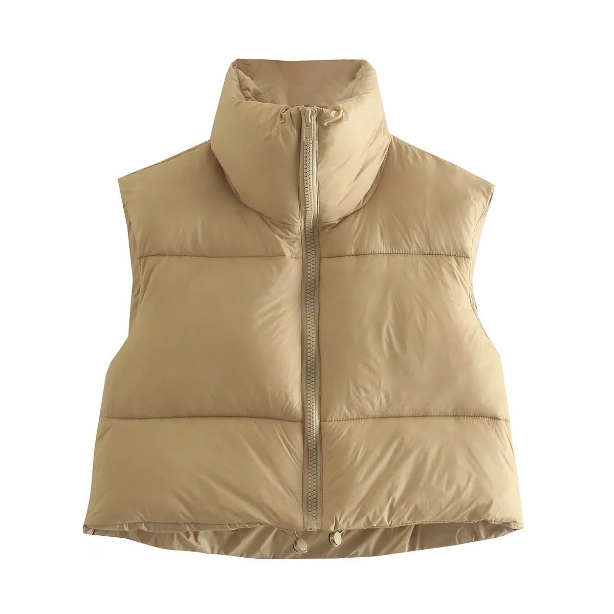 Cotton Padded Sleeveless Zip-Up Stand Collar Vest  S Khaki 