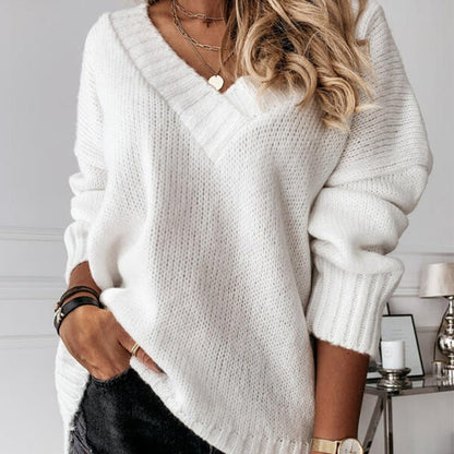 Cozy V-Neck Long Sleeve Pullover Sweater for Women  S Gray 