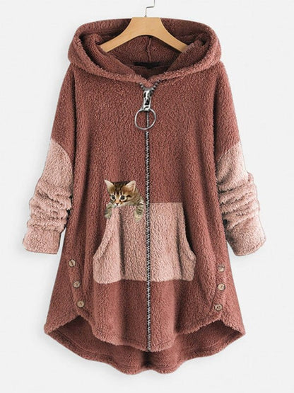 Cute Hooded Zipper Cat Printed Coat