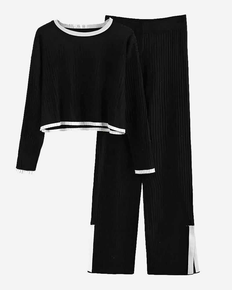 knit two piece outfit color block cropped top long pants ribbed sweater set