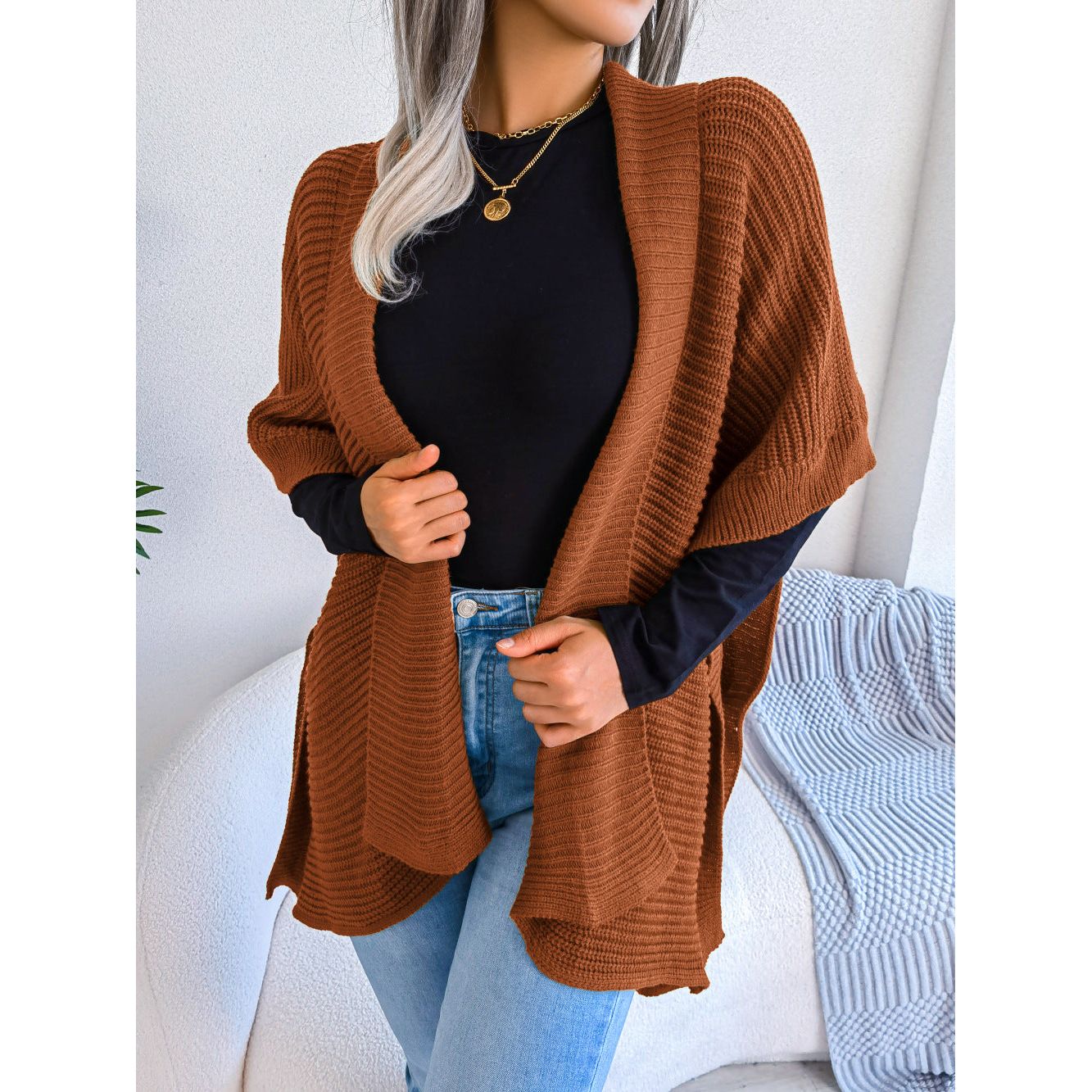 Horizontal Ribbing Open Front Slit Cardigan - TiffanyzKlozet