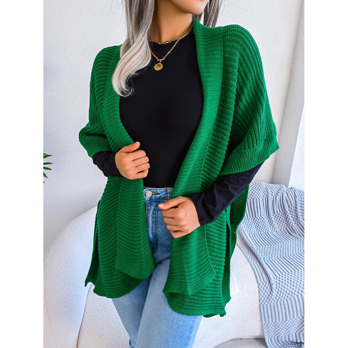 Horizontal Ribbing Open Front Slit Cardigan - TiffanyzKlozet