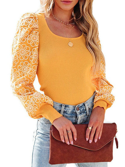 Elegant Lace Patchwork Viscose Pullover Sweater with Puff Sleeves