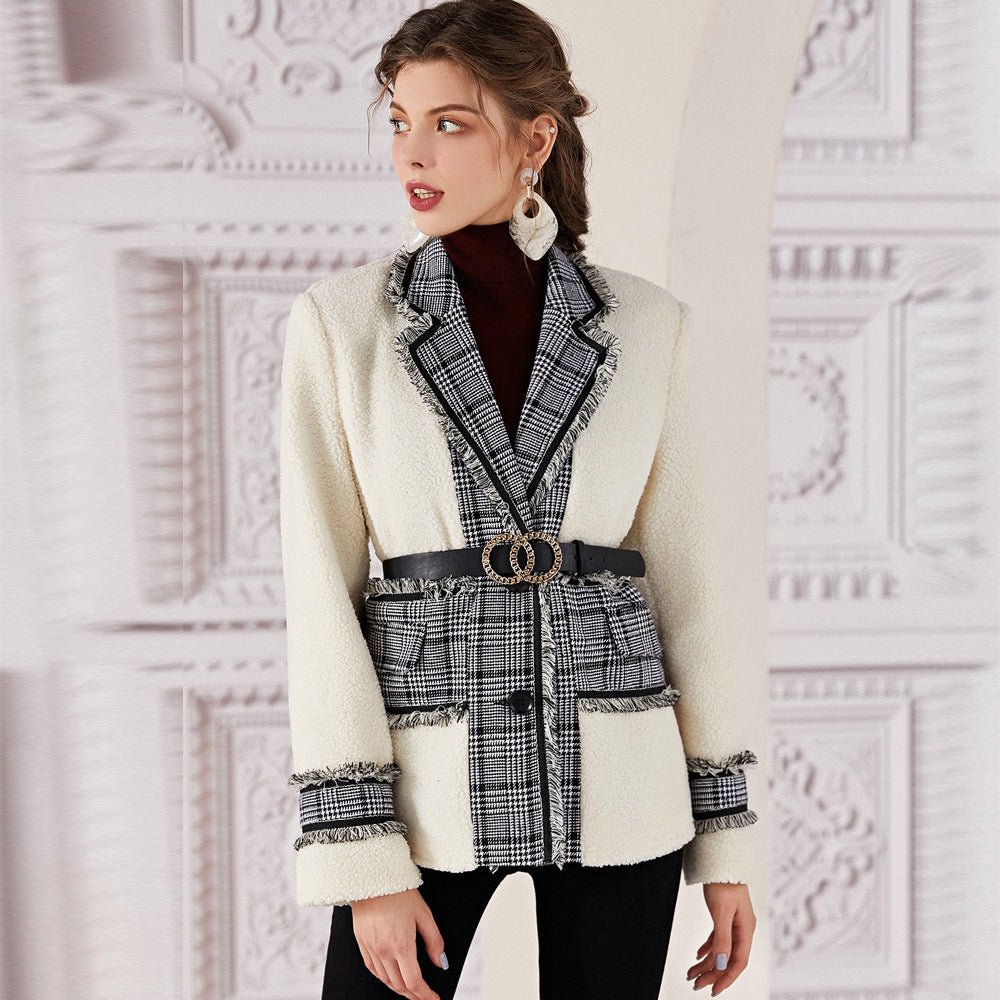 Elegant Lambswool Stitching Shoulder Blazer for Autumn and Winter  S White 