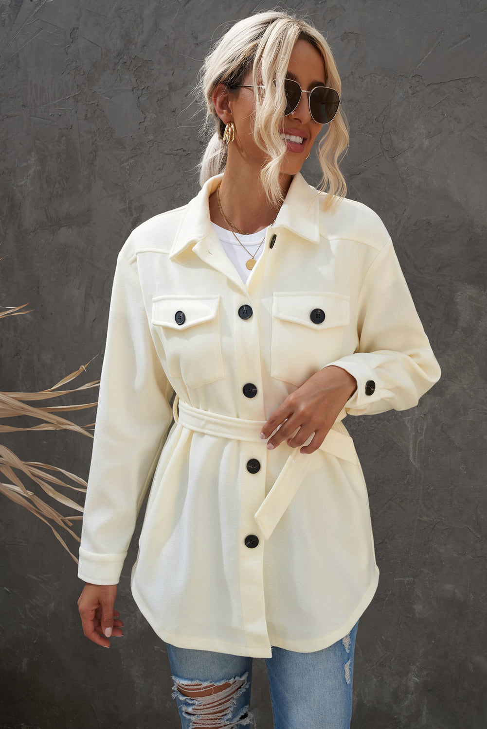 Lapel Button-Down Coat With Chest Pockets - Coats - Sunny Angela