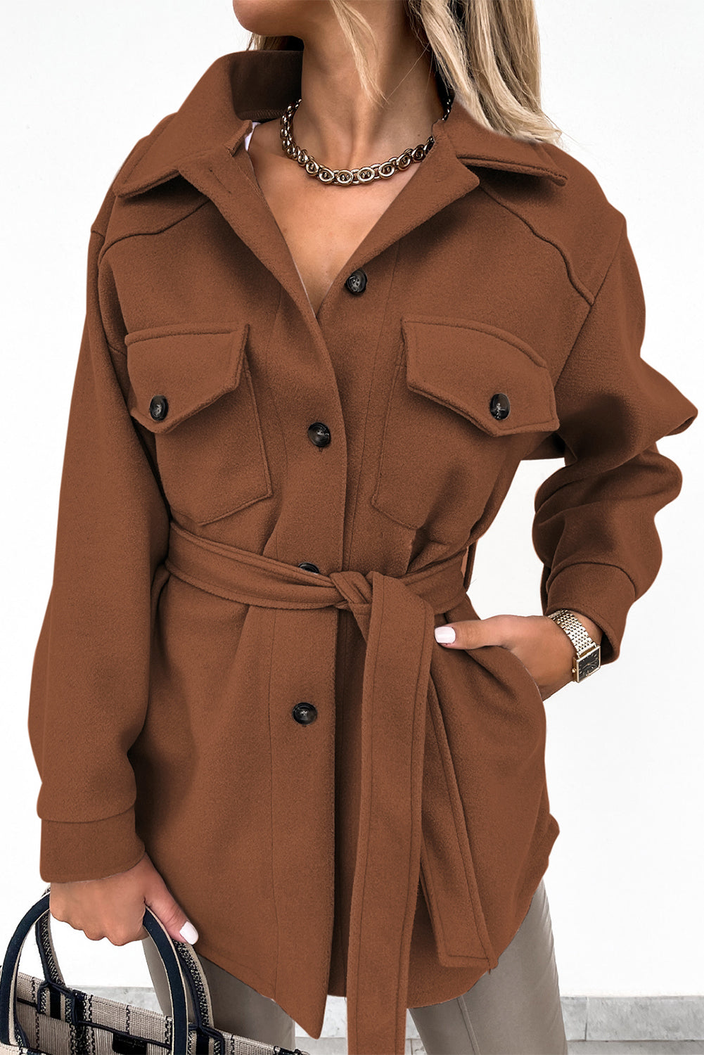 Lapel Button-Down Coat With Chest Pockets - Coats - Sunny Angela