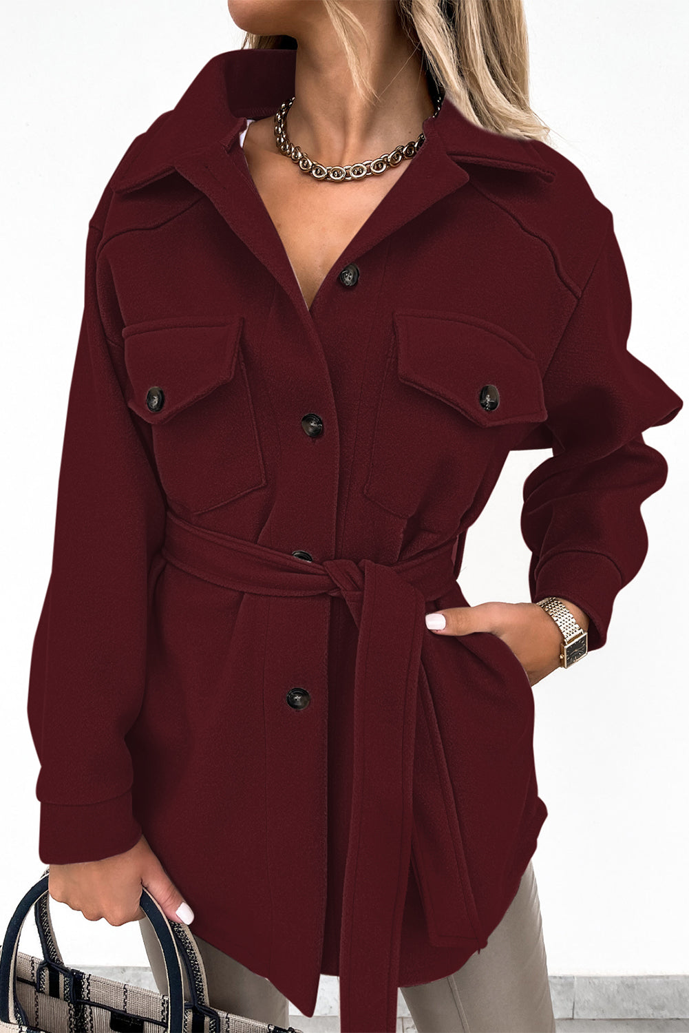 Lapel Button-Down Coat With Chest Pockets - Coats - Sunny Angela