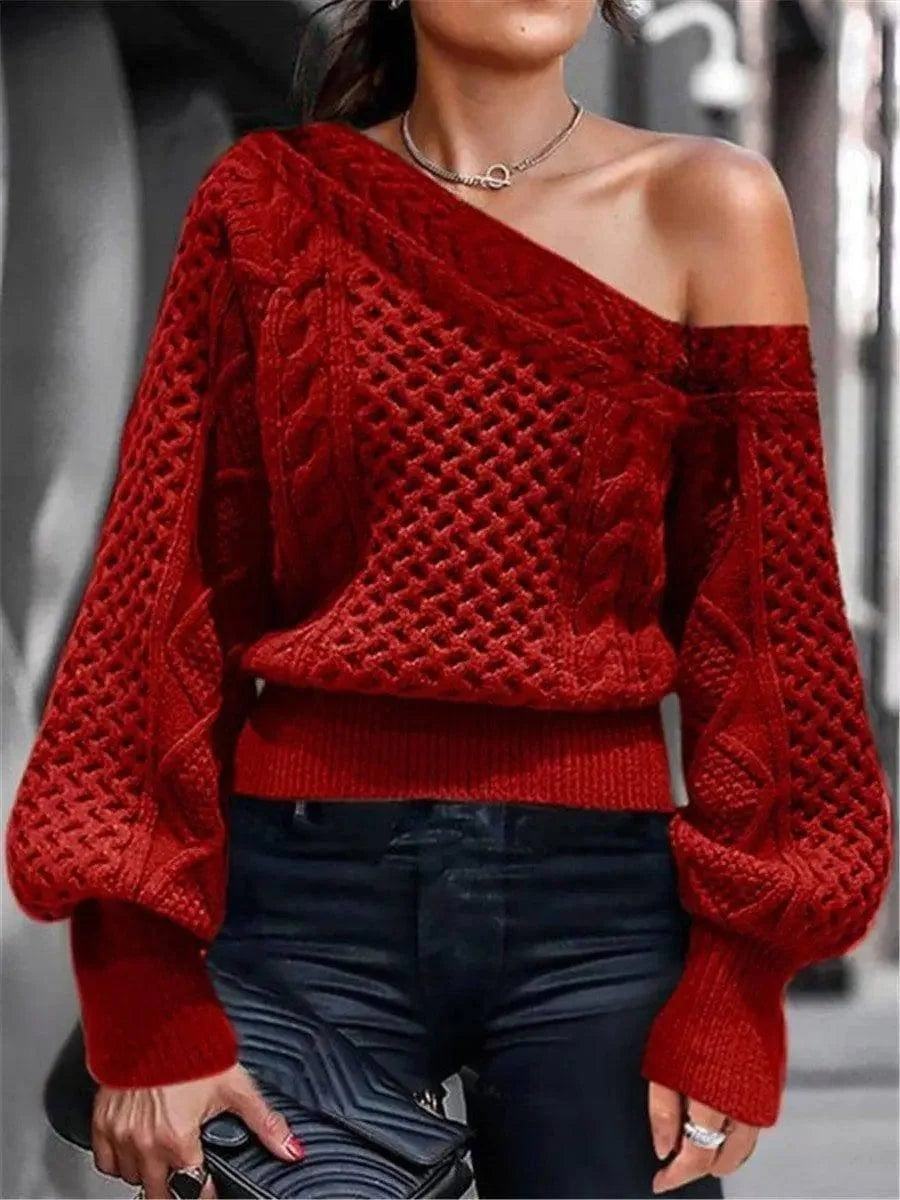 Fashion Hot Style Women's Diagonal Sweater-Red-1