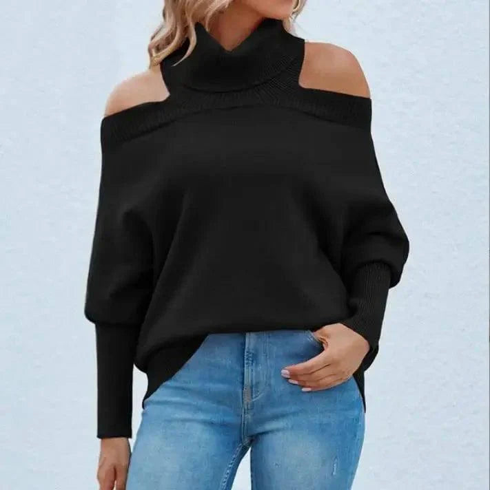 Womens Off Shoulder Sweaters Turtleneck Oversized Batwing-3