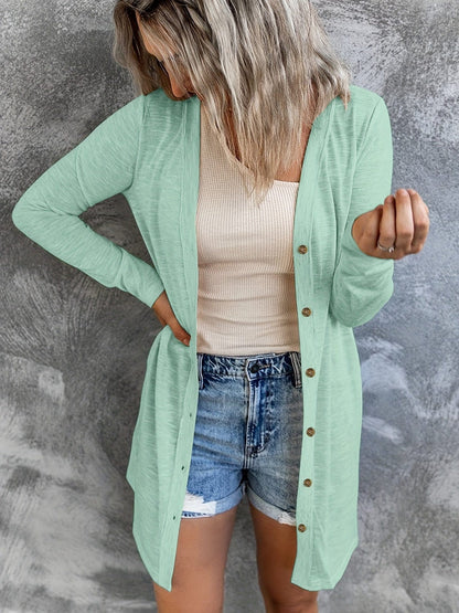 Plus Size Casual Cardigan, Women's Plus Solid Round Neck Button Up Long Sleeve Cardigan