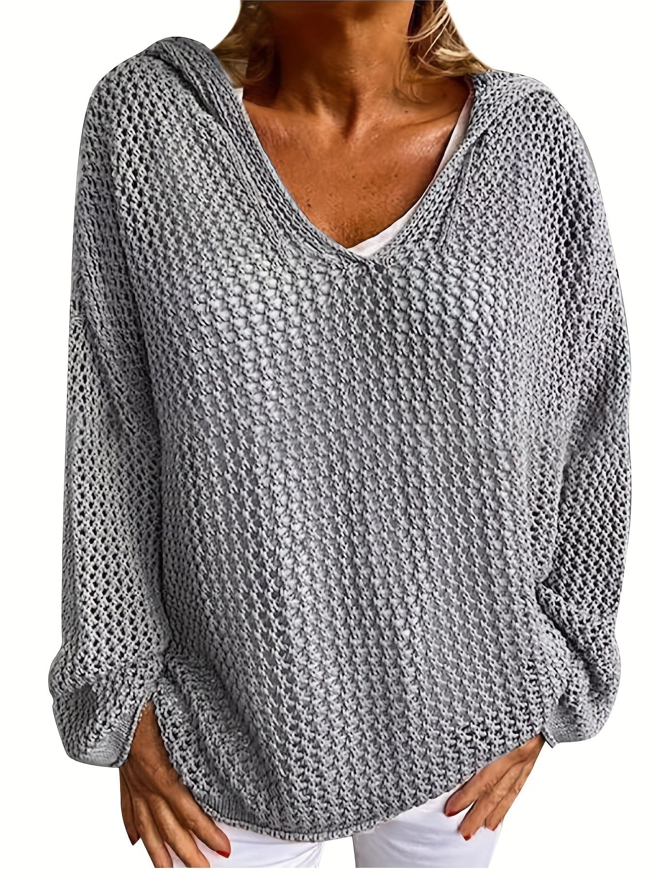 Plus Size Casual Sweater, Women's Plus Solid Long Sleeve Slight Stretch Hooded Sweater