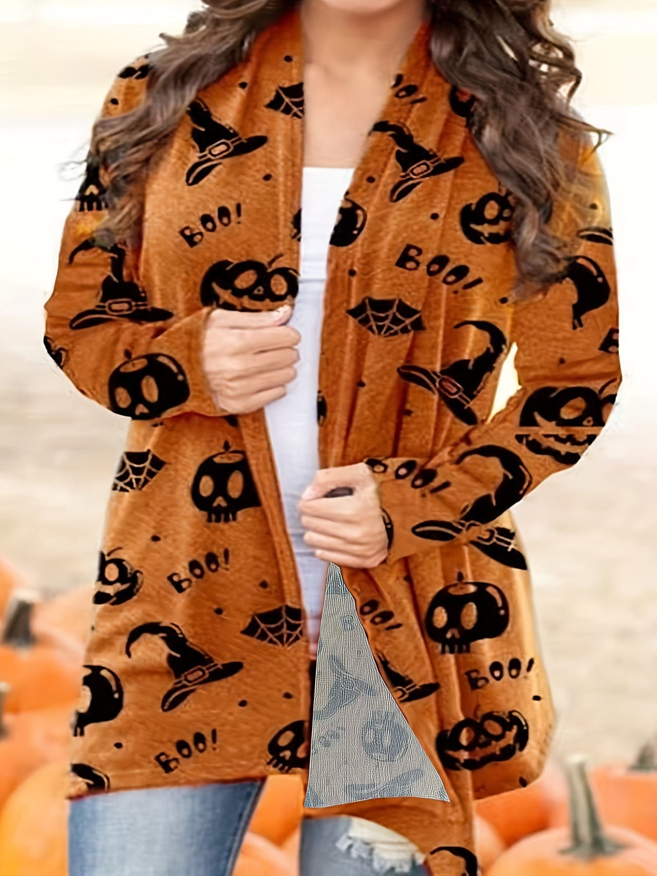 Plus Size Halloween Casual Cardigan, Women's Plus Graphic Print Long Sleeve Open Front Cardigan PLU2309B4516SPG1XL(14) DarkGray / 1XL(14)