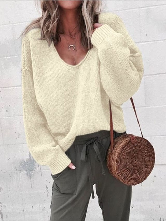 Women's Pullover Sweater Jumper Knitted Solid Color Stylish Basic Casual Long Sleeve Regular Fit Sweater Cardigans V Neck Fall Winter Purple Yellow Gray / Holiday - LuckyFash™