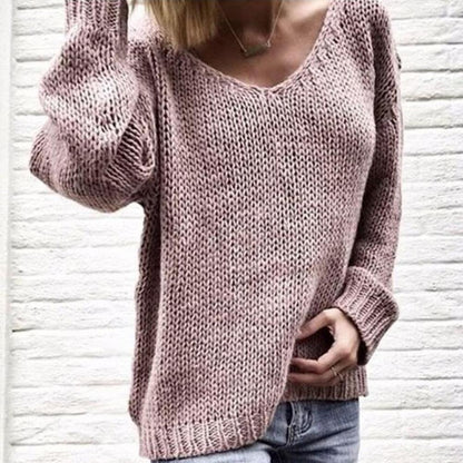 Loose Solid Color Knitted Sweater V Neck Long Sleeve Sweater - MomyMall