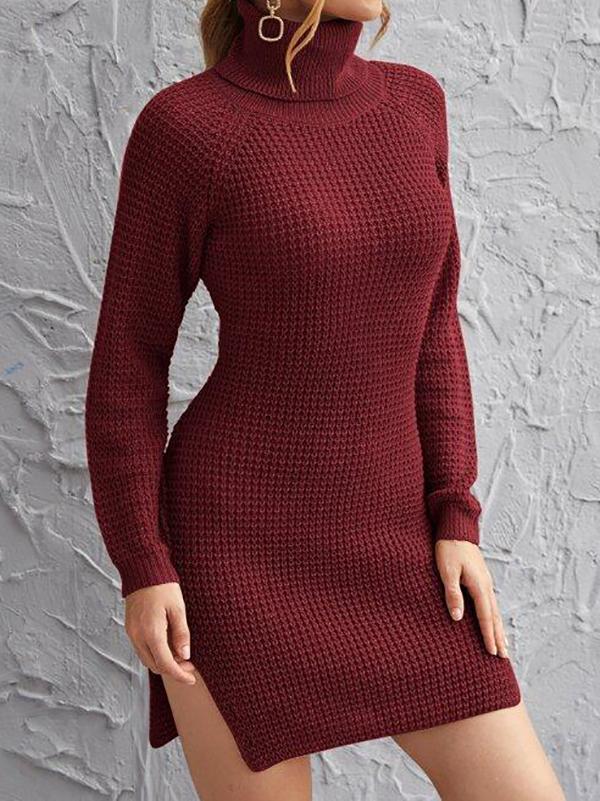 Rolled Neck Raglan Sleeve Split Side Sweater Dress - LuckyFash™