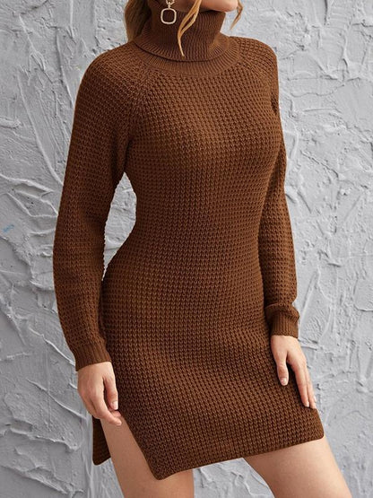 Rolled Neck Raglan Sleeve Split Side Sweater Dress - LuckyFash™