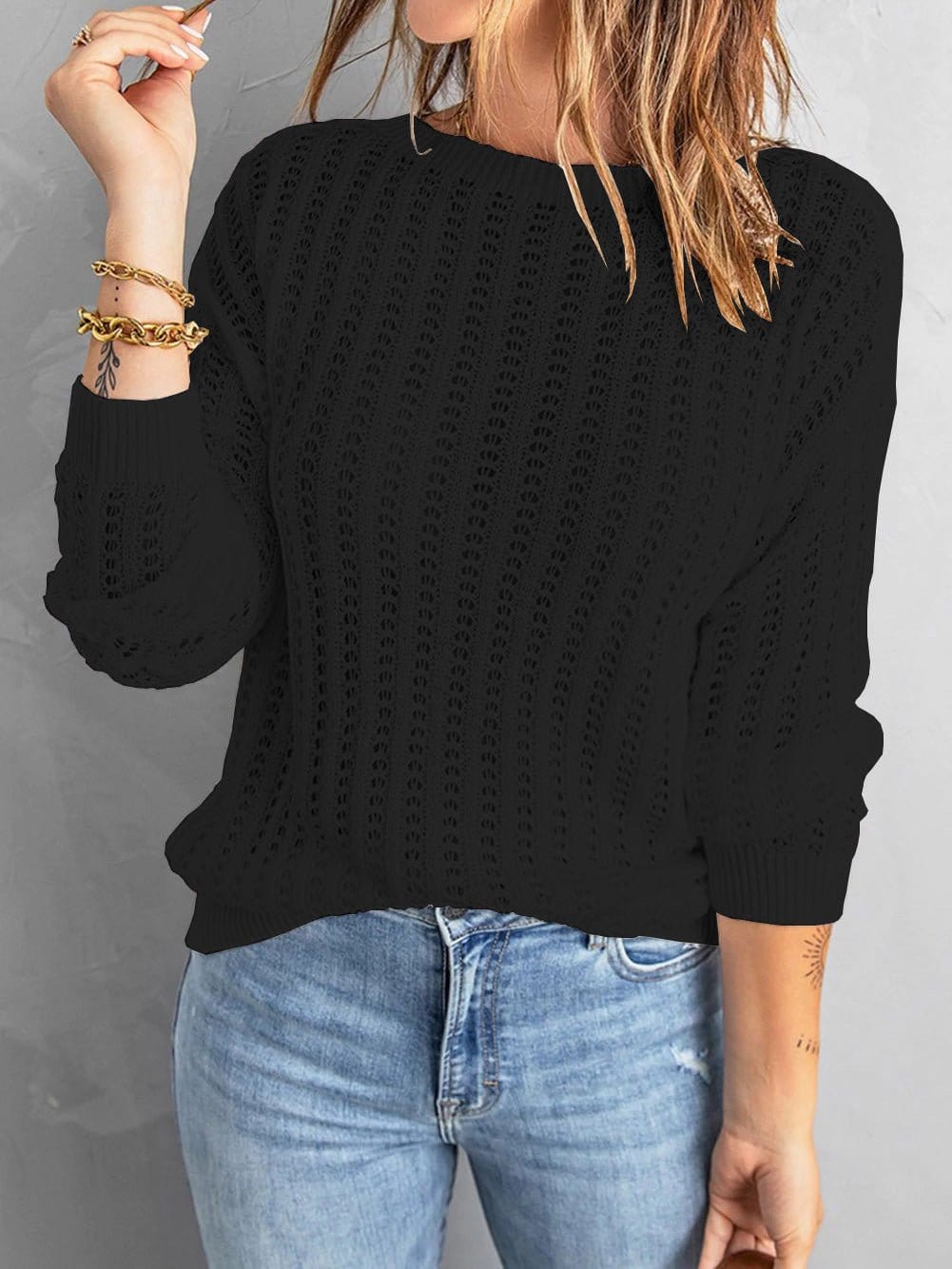 Sweaters - Round Neck Hollow Long Sleeved Knit Sweater - MsDressly