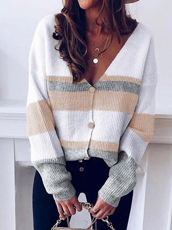 Women's Cardigans V-Neck Button Striped Sweater Cardigan - LuckyFash™