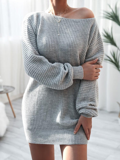 Women's Dresses Long Sleeve One-Neck Loose Knit Sweater Dress - LuckyFash™