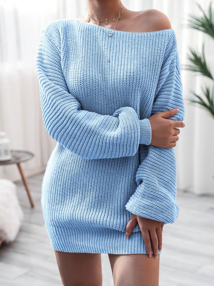 Women's Dresses Long Sleeve One-Neck Loose Knit Sweater Dress - LuckyFash™