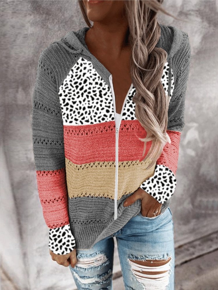 Women's Hoodies Striped Leopard Panel Zip Hooded Sweater - LuckyFash™