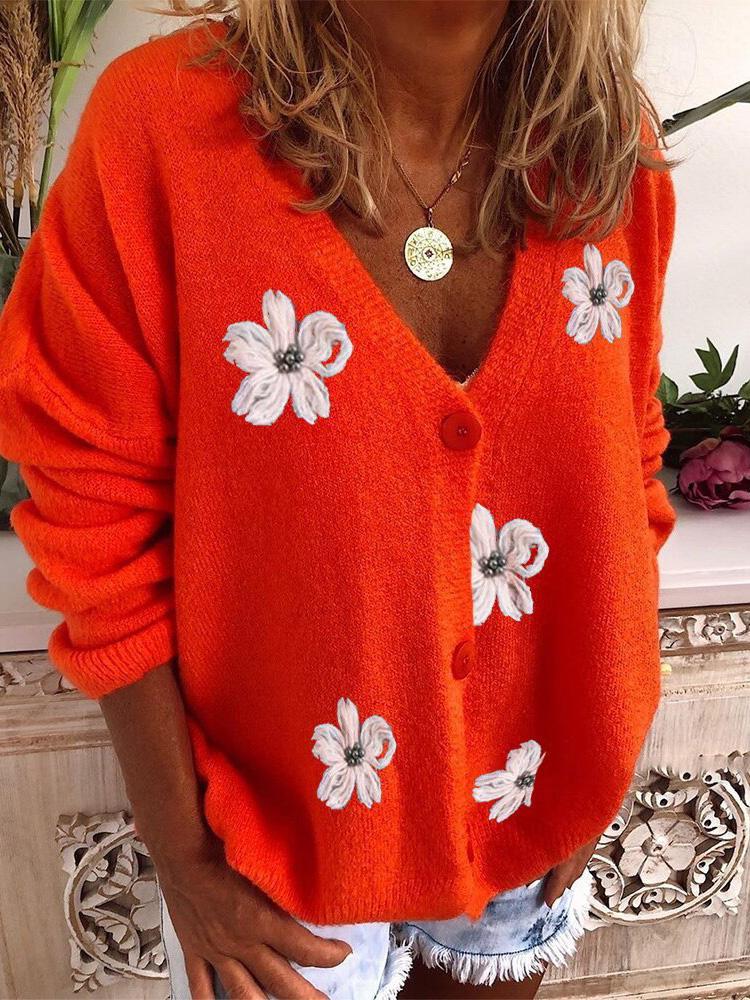 Women's Sweaters Embroidered V-Neck Long Sleeve Cardigan Sweater - LuckyFash™