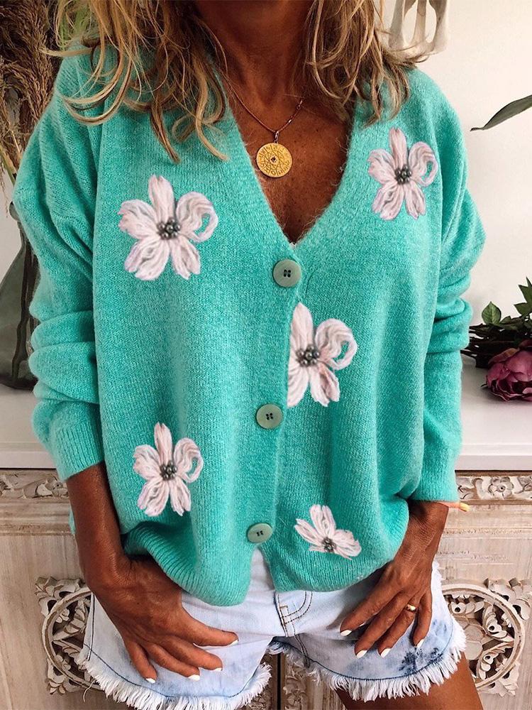 Women's Sweaters Embroidered V-Neck Long Sleeve Cardigan Sweater - LuckyFash™