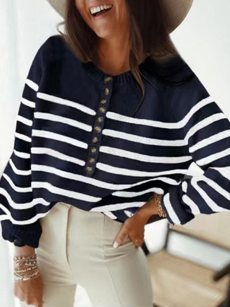 Women's Sweaters Fashion Striped Round Neck Button Sweater - LuckyFash™