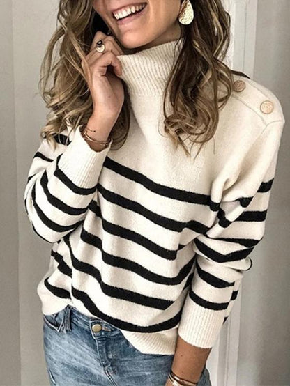 Women's Sweaters High Neck Pullover Strap Studded Striped Sweater - Cardigans & Sweaters - INS | Online Fashion Free Shipping Clothing, Dresses, Tops, Shoes - 03/11/2021 - 20-30 - Cardigans & Sweaters