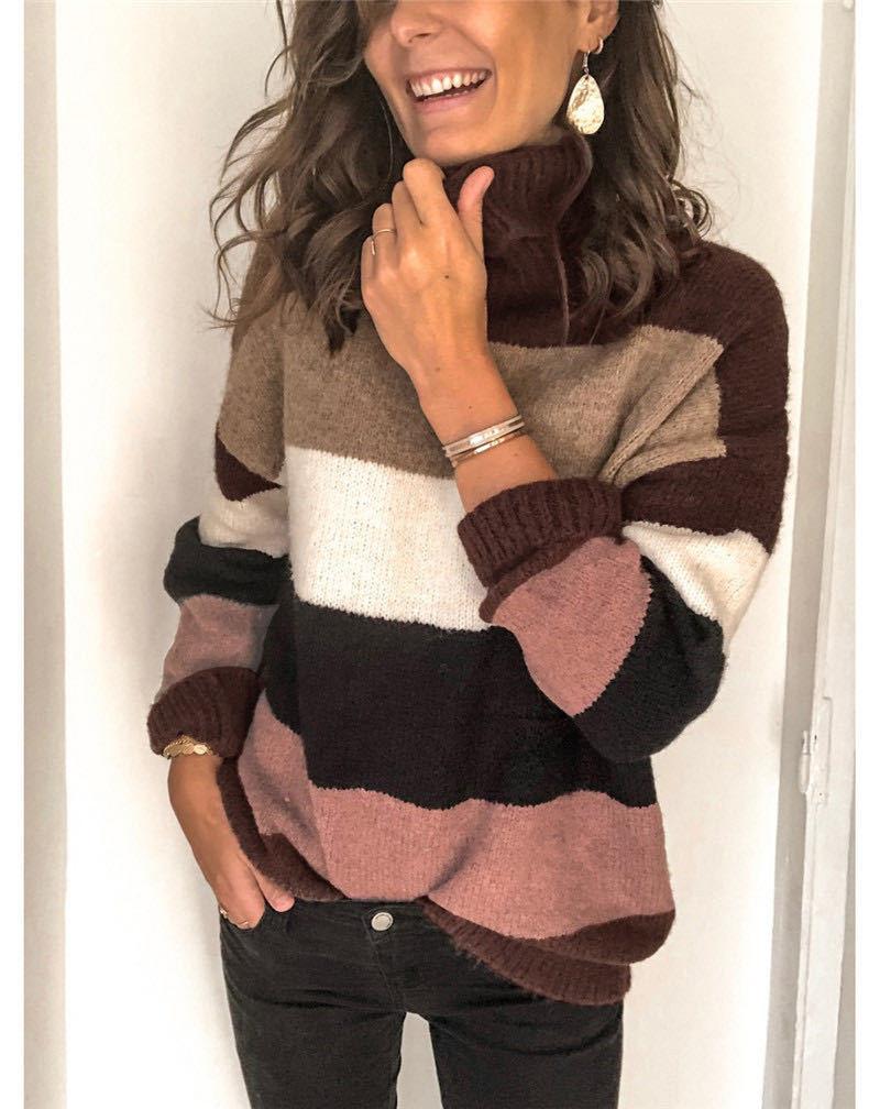 Women's Sweaters High Neck Stitching Striped Knitted Sweater - LuckyFash™