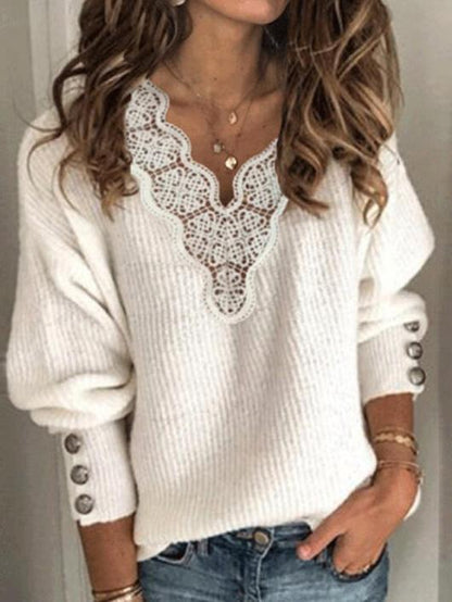 Women's Sweaters Lace V-Neck Loose Long Sleeve Sweater - LuckyFash™