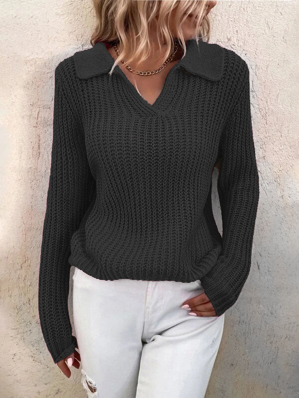 Sweaters - Lapel Solid Slim Fit Knit Sweater - MsDressly