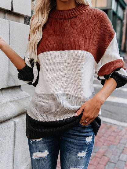 Women's Sweaters Loose OL Round Neck Striped Long Sleeve Sweater - LuckyFash™