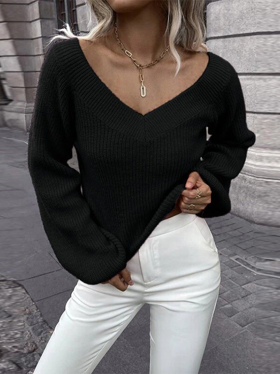 Women's Sweaters Loose Solid V-Neck Long Sleeve Sweater - LuckyFash™