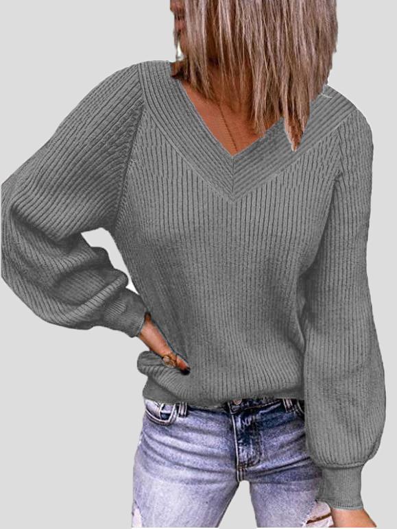 Women's Sweaters Solid V-Neck Pullover Long Sleeve Sweater - LuckyFash™